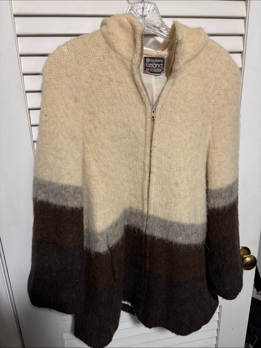 Samband of Iceland Hooded Zip-Front Wool Sweater Jacket in Cream, Gray & Brown
